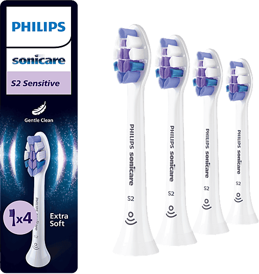 Recambio para cepillo dental Philips Sonicare HX6054/87, S2 Sensitive, Pack 4, Control Antiplaca, Elimina Placa 10X, Extrasuave, Blanco