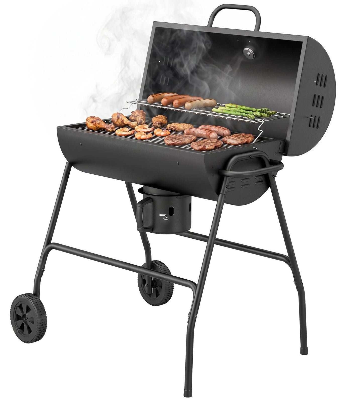 Outsunny metalen houtskoolgrill BBQ-smoker met deksel, thermometer en wielen