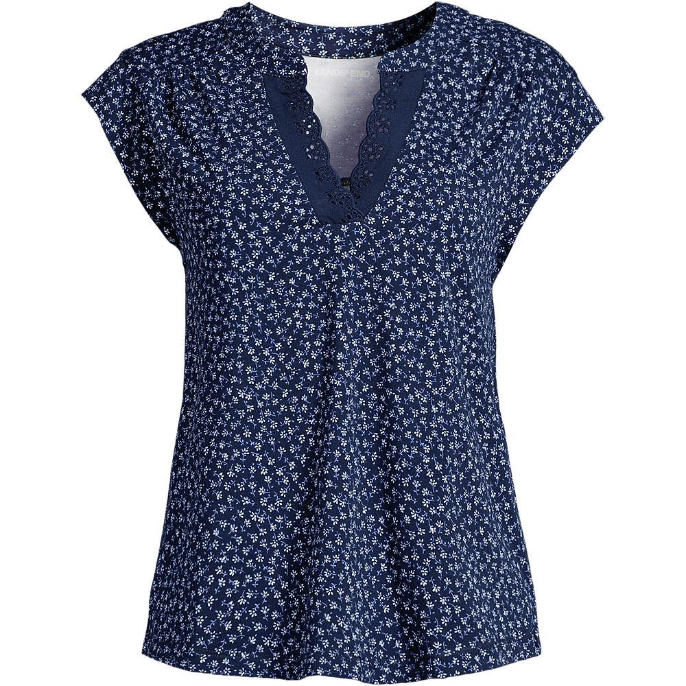 Baumwolle/Modal-Shirt mit Lochstickerei für Damen, Damen, size: regular, Blau, Elasthan/Baumwoll-Mischung/Baumwolle Modal, by Lands' End
