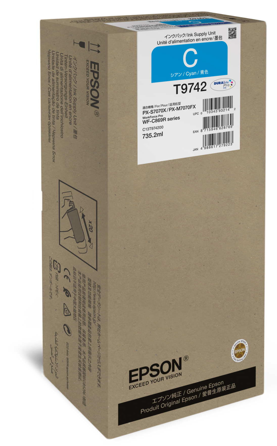 Epson Cyan XXL Ink Supply Unit, Extrahohe (Super-) Ausbeute, Cyan, 735,2 ml, 1 Stück(e), 84000 Seiten