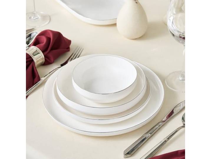 KARACA Tafelservice Stream Bone New Saturn 53 teilig für 12 Personen Platin, Edles Geschirrset aus Knochenporzellan, Weißes Speiseservice Komplettset mit Platinrand