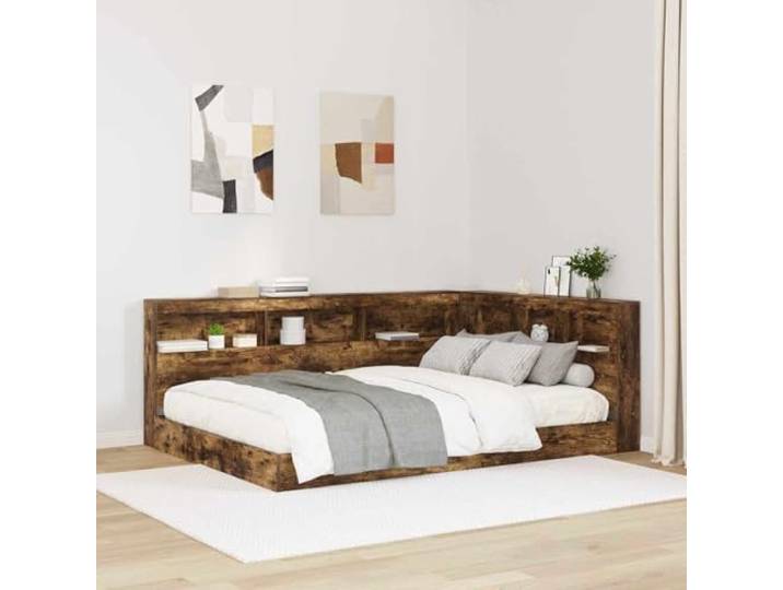 RJPLMFV Bettkopfteil, Aufbewahrung, geräucherte Eiche, 160 cm, Holz L-Form, integrierte Regale, Ladestation, minimalistisches Design für modernes Schlafzimmer