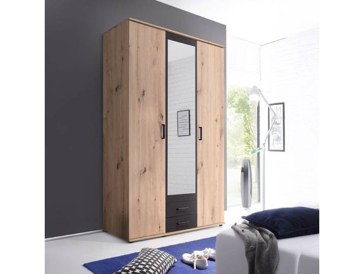 Drehtüren-Kleiderschrank Ponce Eiche Dekor mit Spiegel, Schubladen und Innenausstattung Schubkasten H:196cm/B:120cm/T:54cm modern