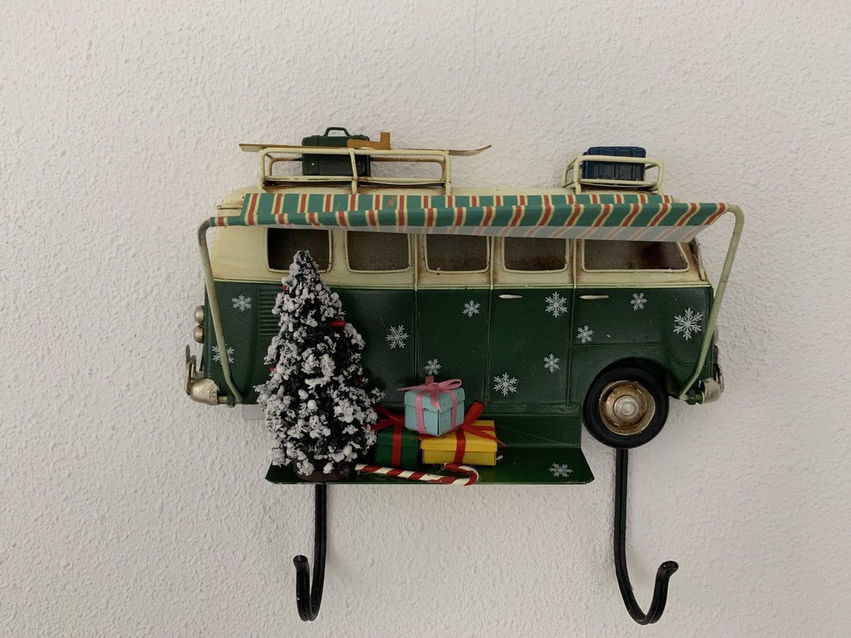 Retro Bus met luifel kerst metalen wandbord met 2 haken Groen