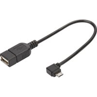 USB 2.0 Adapter, Micro USB Stecker 90° > USB-A Buchse schwarz, 15cm, OTG Funktion (On-The-Go), rechts abgewinkelt