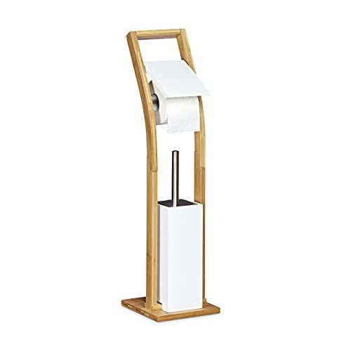 Relaxdays toiletaccessoires set van bamboe met toiletborstel en toiletrolhouder, beige