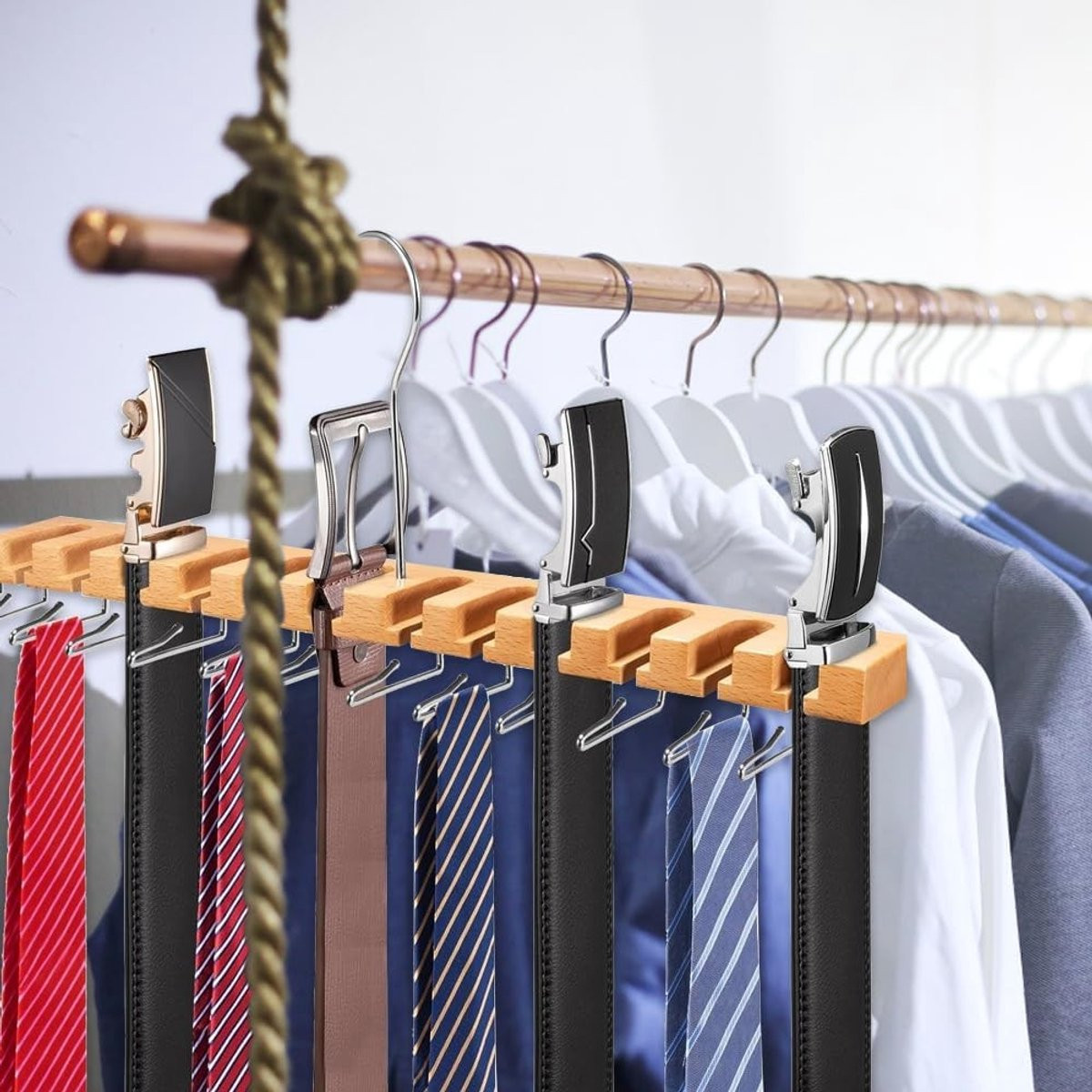 Houten riemhouder met 12 vakken en 11 haken voor de organisatie van accessoires
