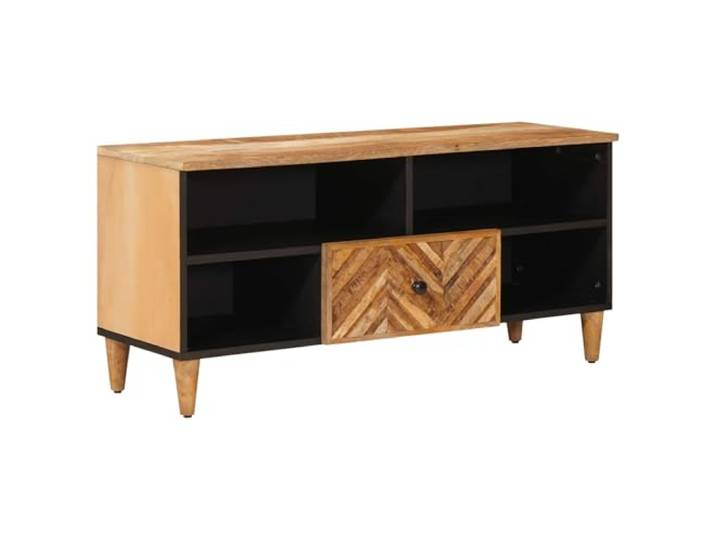 GHVBNMF TV Schrank Massivholz Mango 100x33,5x46 cm Stauraummöbel Braun Vielseitige Aufbewahrung im Wohnzimmer mit geräumiger Schublade, offenen Fächern und stilvollen messingfarbenen Knöpfen.
