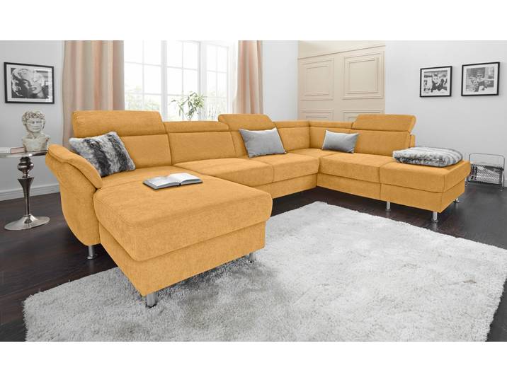 Wohnlandschaft, Flachgewebe, Senf, 331×228 cm, Mit Bettfunktion & Kopfteilverstellung, Sit & More