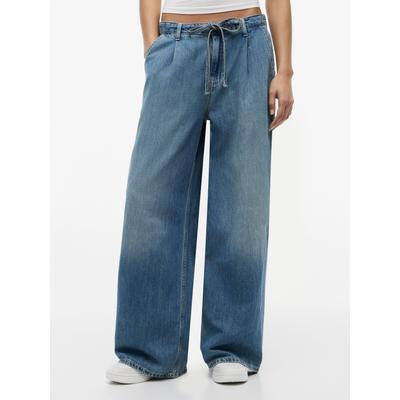 Loose-fit-Jeans TOMMY JEANS "CHARLIE MR LOOSE W", Damen, Gr. 27, Länge 30, blau (denim medium), Denim/Jeans, Obermaterial: 80% Baumwolle, 20% Leinen, unifarben, loose fit lang, Jeans, Denim mit Leinen, loose fit, teil-elastisches Bündchen