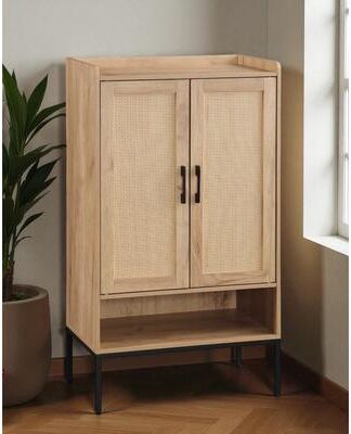Fundinbaths Rattan Door Shoe Cabinet, 5-Tier Wooden Shoe Storage Organizer with Open Shelves for Entryway, Hallway, or Bedroom