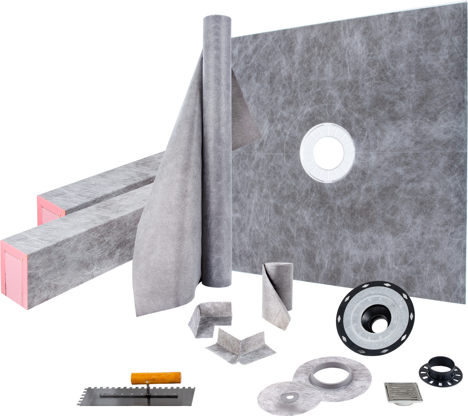 VEVOR Duschschwellen-Set, 48 x 48 Zoll wasserdichte Duschschwellenmatte mit 4 Zoll PVC-Mittelflansch, 4 Zoll Edelstahlgitter, 2 schneidbaren Schwellen und Kelle, Duschwannenrampe