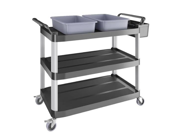 BLV servierwagen Kunststoff mit Rollen,Küchenwagen mit 3 böden,Restaurant Reinigungswagen mit Auffangbecken für Lebensmittelabfälle und Messer und Gabel Eimer (97H×104B×51T)