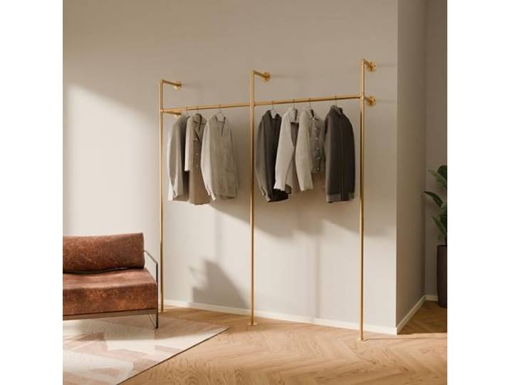 pamo Kleiderstange Wandmontage 200 kg Traglast – Offener Kleiderschrank oder Kleiderständer industrial gold aus Metall Wasserrohren