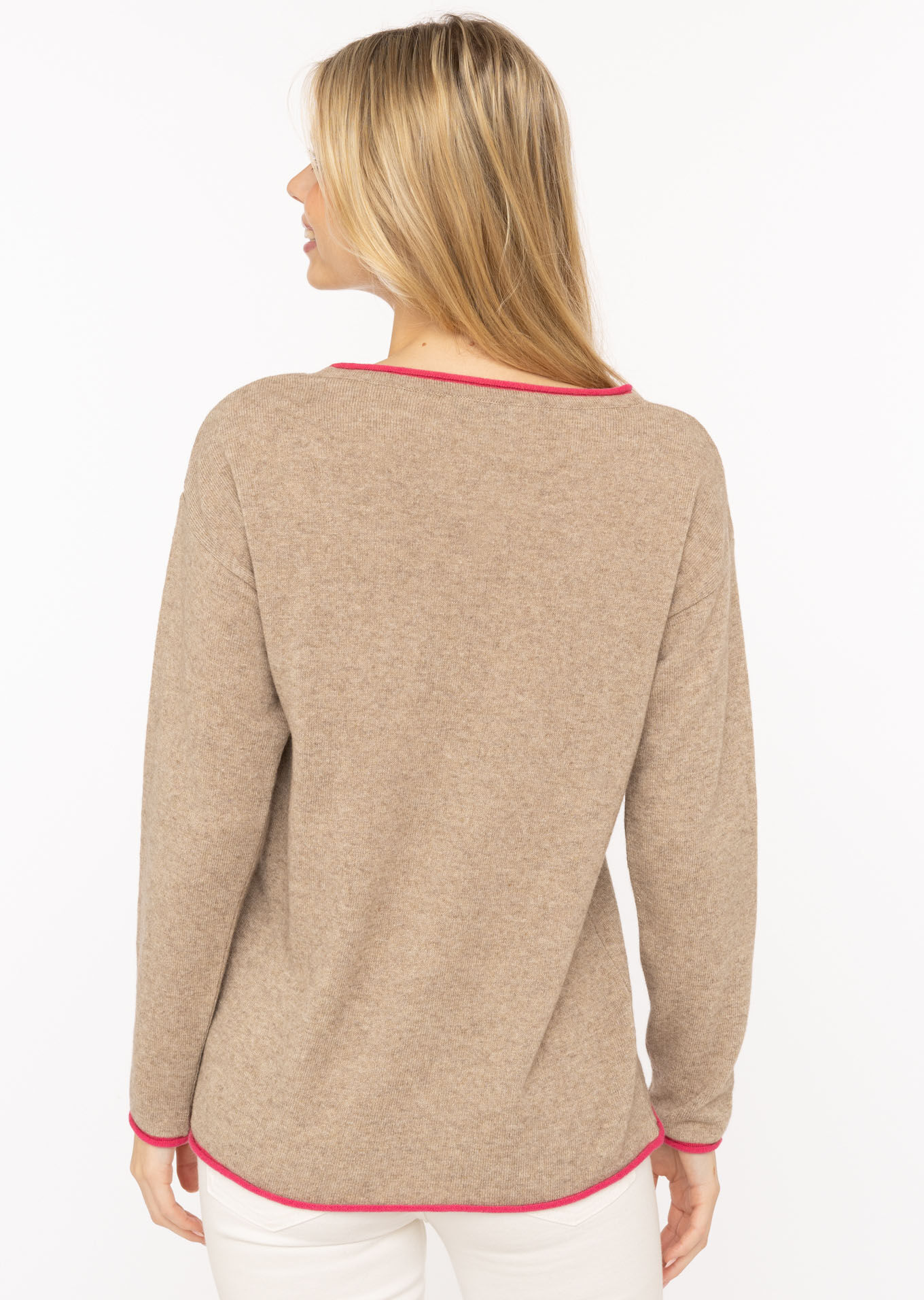 Rundhalspullover ZWILLINGSHERZ "Happy Face", Damen, Gr. S, beige, Strick, Obermaterial: 40% Wolle, 30% Viskose, 25% Polyamid, 5% Kaschmir, mehrfarbig, hüftbedeckend, Rundhals, Rollkante, Pullover Rundhalspullover, Stickerei, aufgerollte kontrastfarbige Bü