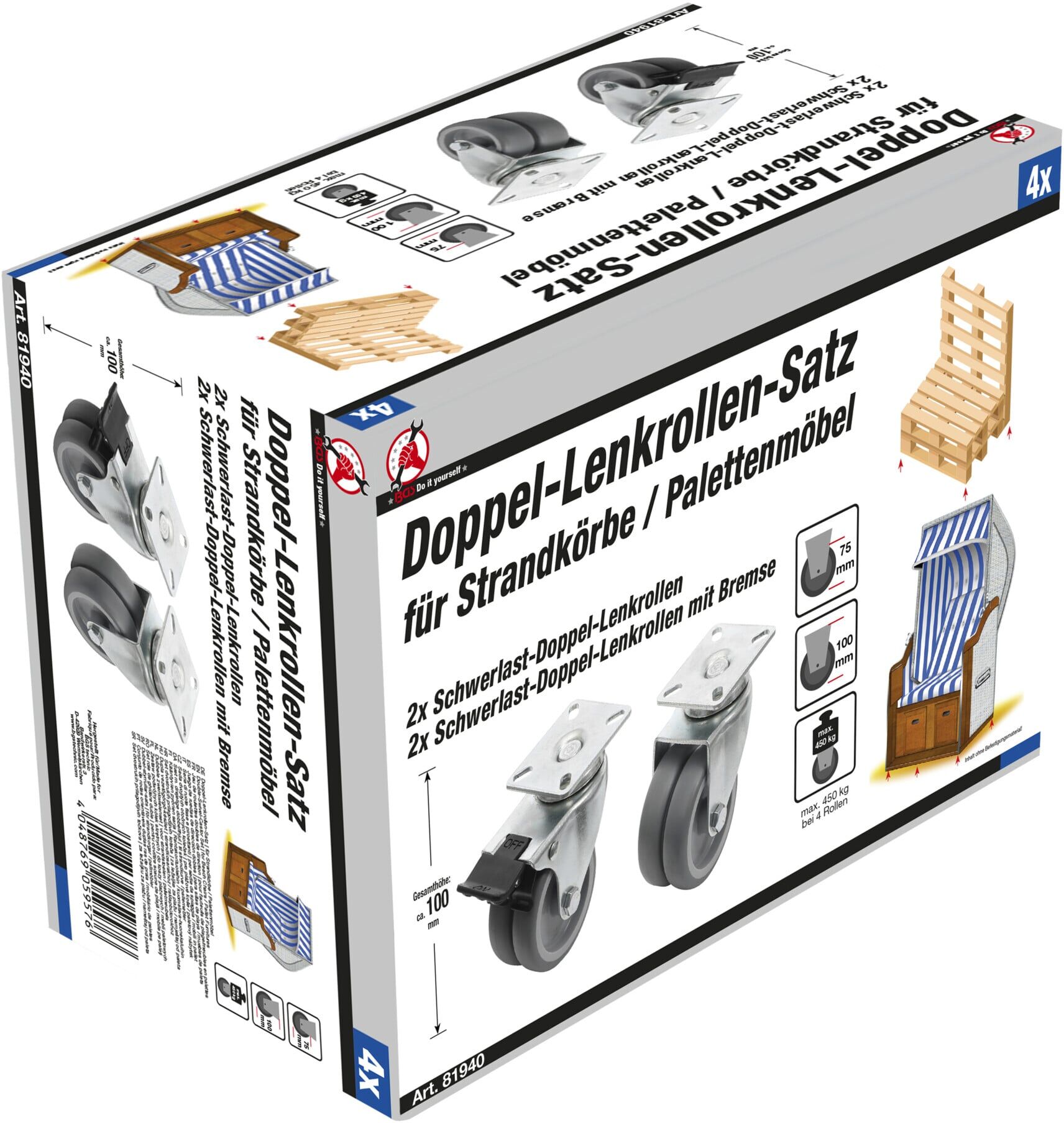 BGS Do it yourself Doppel-Lenkrollen-Satz für Strandkörbe Ø 75 mm 4-tlg. (81940)