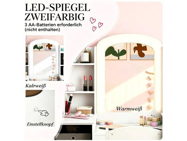 SENVIRO Coiffeuse enfant avec tabouret miroir LED MDF blanc
