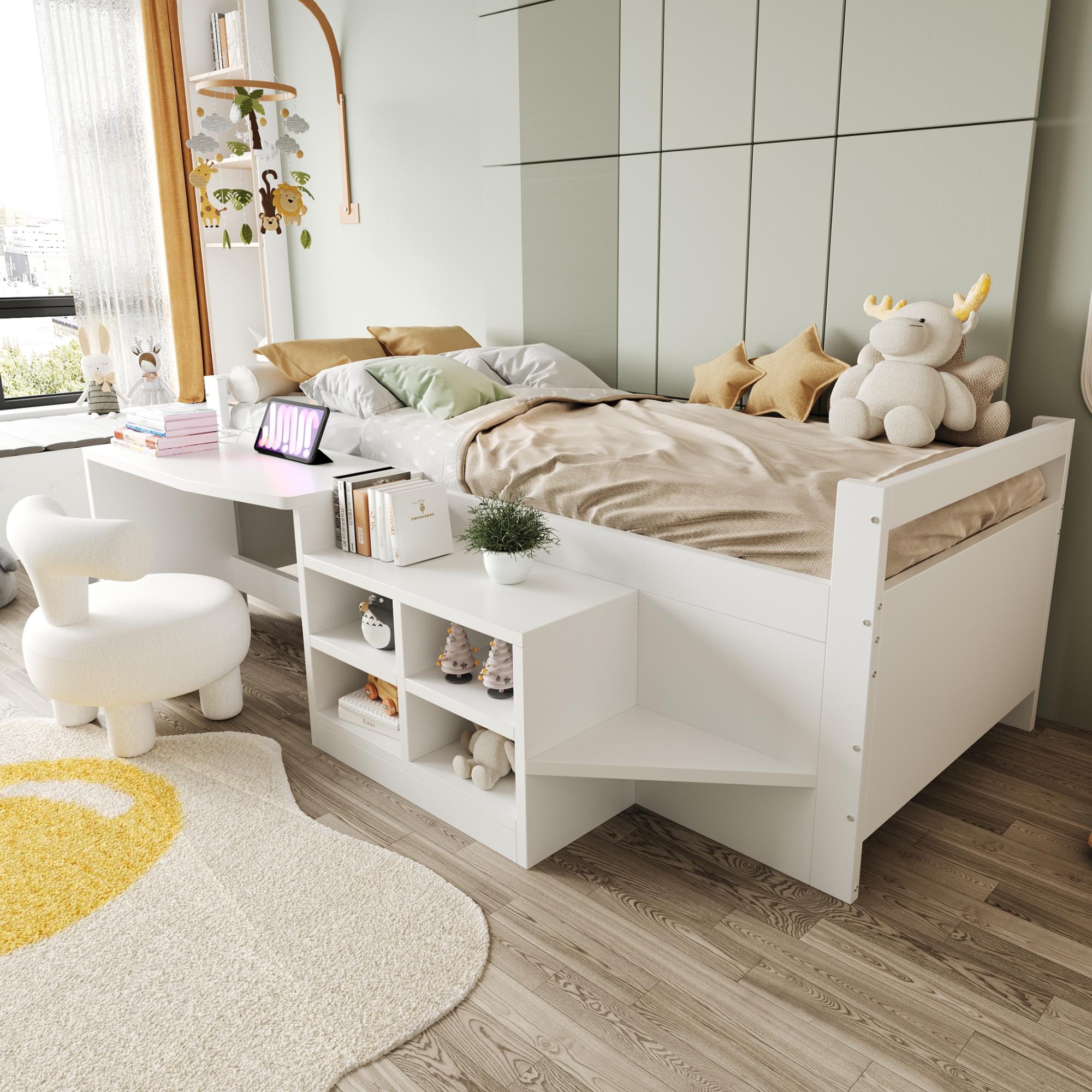 MODFU Kinderbett mit matratze 90x200cm Jugendbett mit Staufächern,Holzbett mit Schreibtisch,Bettgestell mit Steckdosen,Weiß