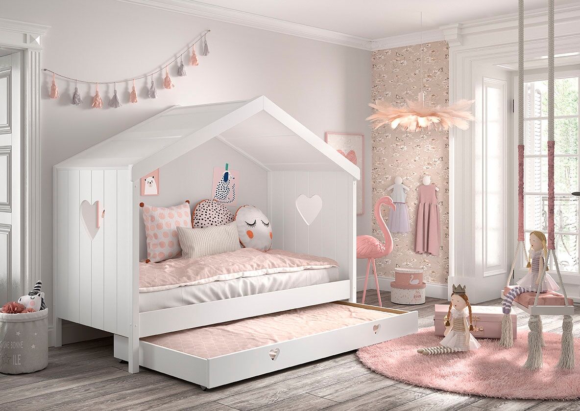Hausbett VIPACK "Amori, inkl. Dach, Rückseitig offen, mit Rolllattenrost", weiss (weiß), B:98,7cm H:213cm L:209cm, Bettgestell Massivholz;Dachaufbau MDF, Betten, Hausbett, wahlweise, mit oder ohne Schublade und Absturzschutz, weiss lackiert weiß Länge B: 