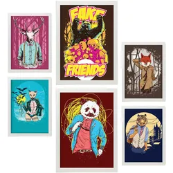 POSTER Set Mit 6 Tiermaskottchen In Rustikale Zitate A3 & A4 Weißer Rahmen