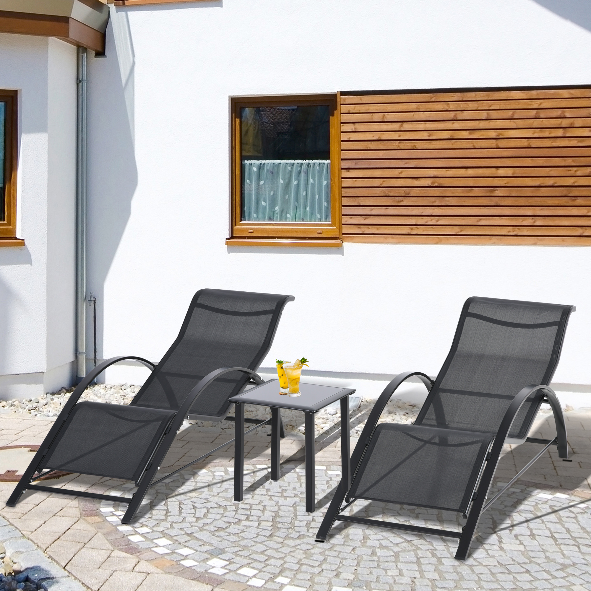 Outsunny Set 2 Lettini Prendisole e Tavolino con Ripiano, in Tessuto Traspirante e Metallo, 59x169x66 cm, Nero Aosom