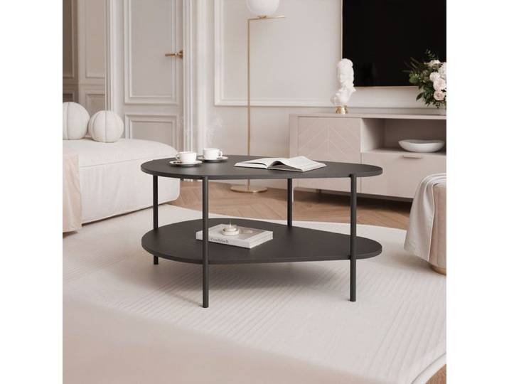 Table basse LORIEN - Table de salon - 90x65x45 cm - avec étagère - Noir