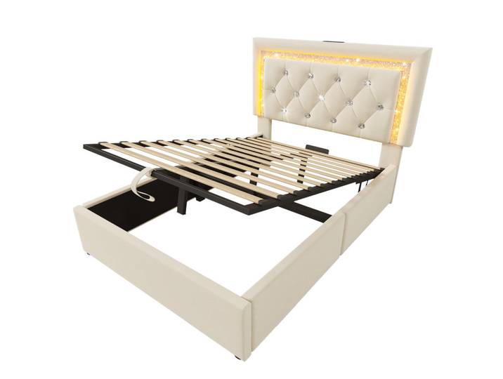 Oxeza Polsterbett 90/200 cm Beige mit rautenförmigem LED-Lichtstreifen sowie Usb- und Typ-C-Ladeanschlüssen, Mode, Rechteckig, 90x190 cm, Schlafzimmer, Betten, Polsterbetten