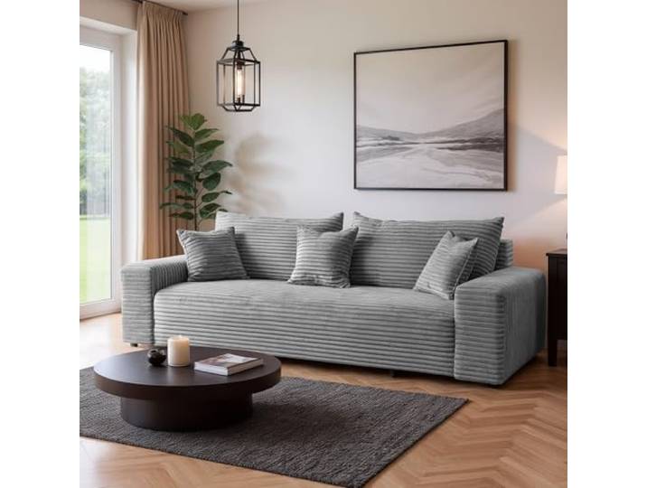 SOFILAND Cordo Schlafsofa 265×150 cm mit Bettkasten – Cord Sofa TILIA Breitcord, SoftTouch Komfort, 3-Sitzer Couch, abnehmbare Kissen, Easy Clean & Pet Friendly (Hellgrau)