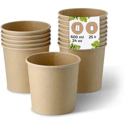 BIOZOYG Suppenbecher to go 25 Stück 600 ml, braun Suppenschüsseln Einweg - Einweggeschirr Alternative zur Plastikschüssel - Becher, Suppe, Soup Bowl