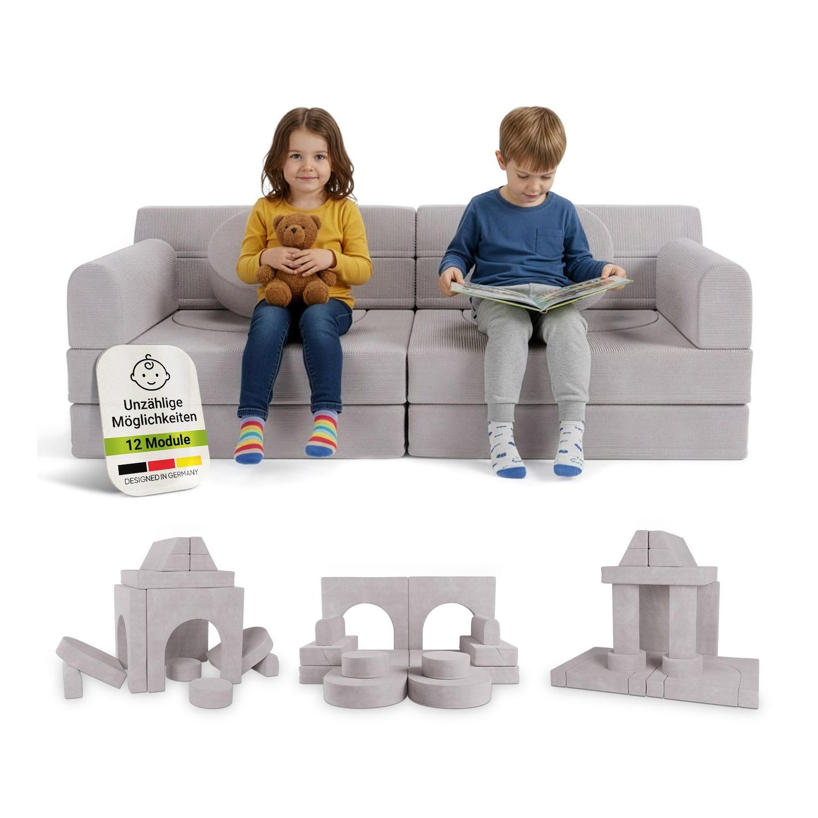 Juskys Kinder Spielsofa Kayo - Beige, baubare Stapelsteine für Kinder, pflegeleichte Kindercouch aus Cord