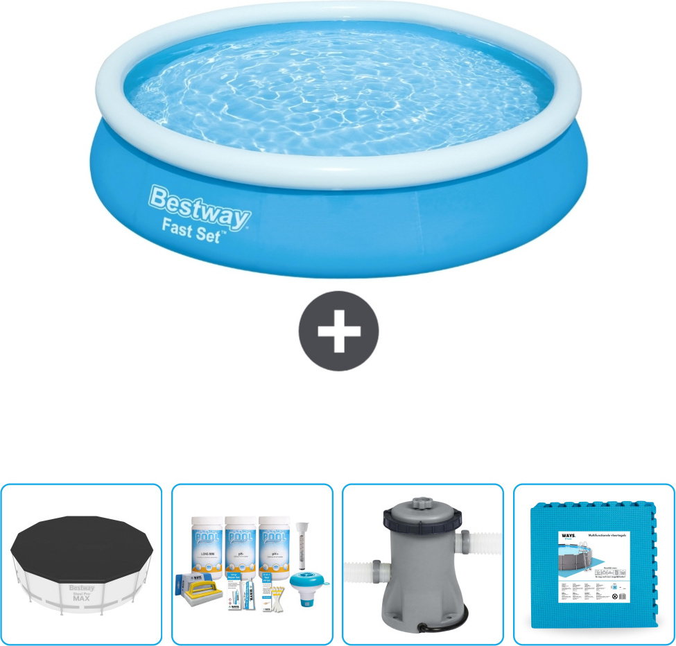 Bestway runder aufblasbarer Fast-Set-Pool - 366 x 76 cm - Blau - im Lieferumfang enthalten Abdeckung - Wartungspaket - Pumpe - Bodenfliesen