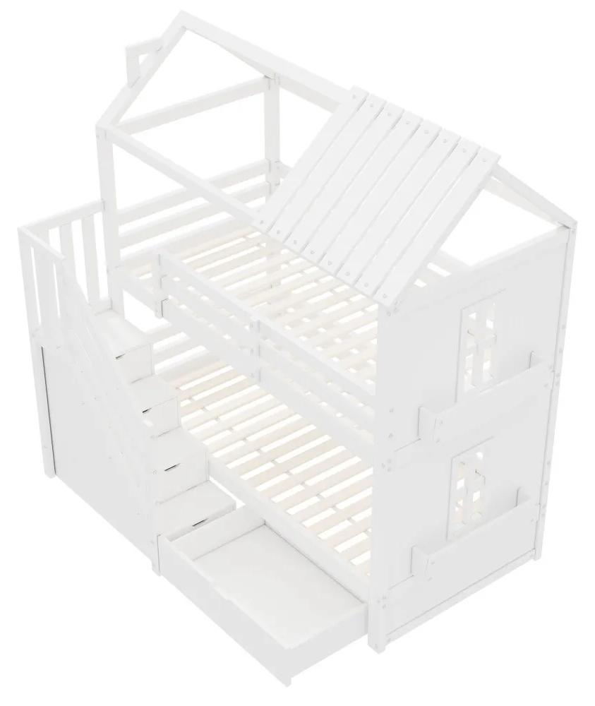 Kinder-Etagenbett - Etagenbett - 90 x 200 cm - Stauraumtreppe mit Schubladen und Regalen - Massivholz und MDF - Ohne Matratze - Weiß