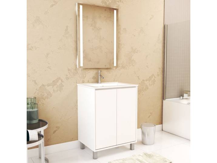 Pack Meuble Salle de Bains 60cm Blanc 2 Portes Vasque Miroir 60x80 à Leds intégrées - XENOS