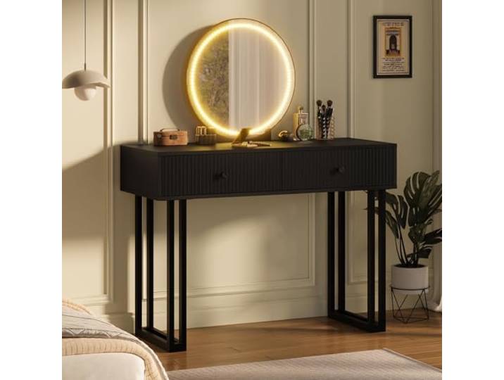 GARVEETECH Schminktisch mit LED Spiegel, Kleiner Frisiertisch mit 2 Schubladen & Metallbeine, Kompakte Kosmetiktisch, 3 Einstellbarer Helligkeit, Makeup Tisch 100 x 40 x 125 cm - Schwarz