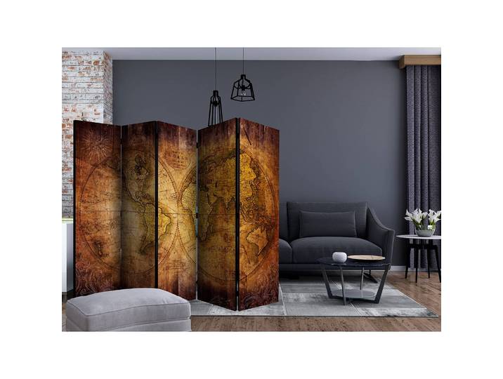 Paravent World on old Map II 5 élém. Intissé en pin massif, naturel Marron 225 x 172cm
