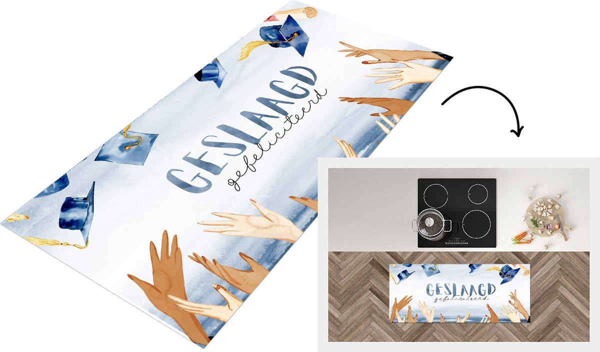 KitchenYeah Keukenloper Geslaagd Afstudeerhoed Gefeliciteerd - Vinyl - 120 x 50 cm
