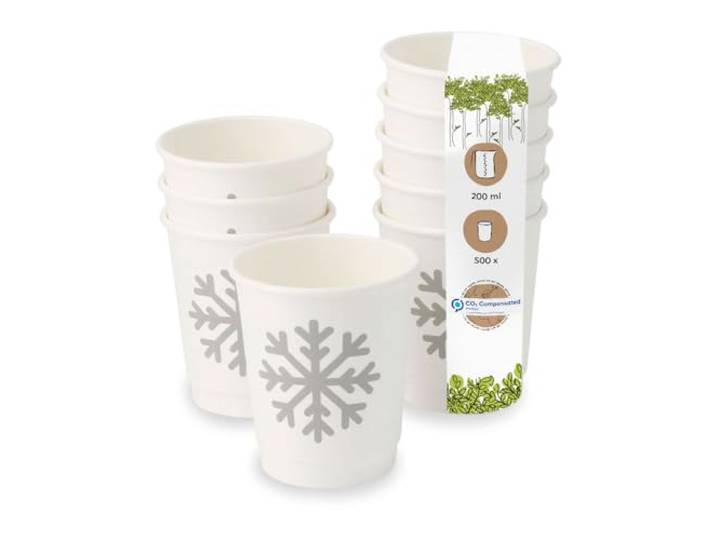 BIOZOYG 500 Stück Kaffeebecher weiß Wintermotiv 200 ml, doppelwandig Doppelwandig isoliert mit Schneeflocken-Motiv, recycelbar & umweltfreundlich - Kaffeebecher to go für Café & Weihnachtsmarkt