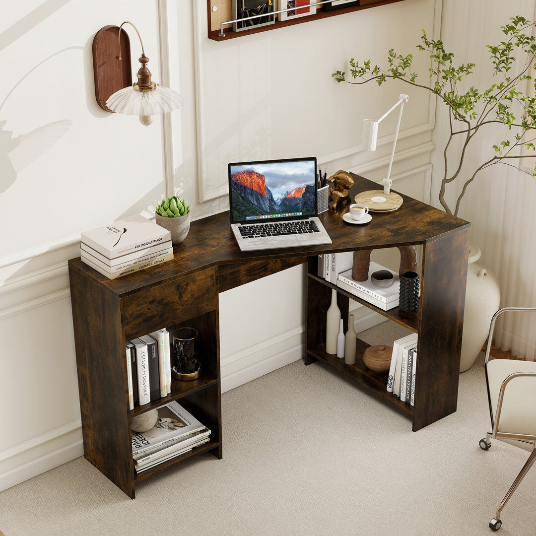 17 Stories L-Shaped Computer Desk Compact Corner Executive Desk W/Storage-White Brown