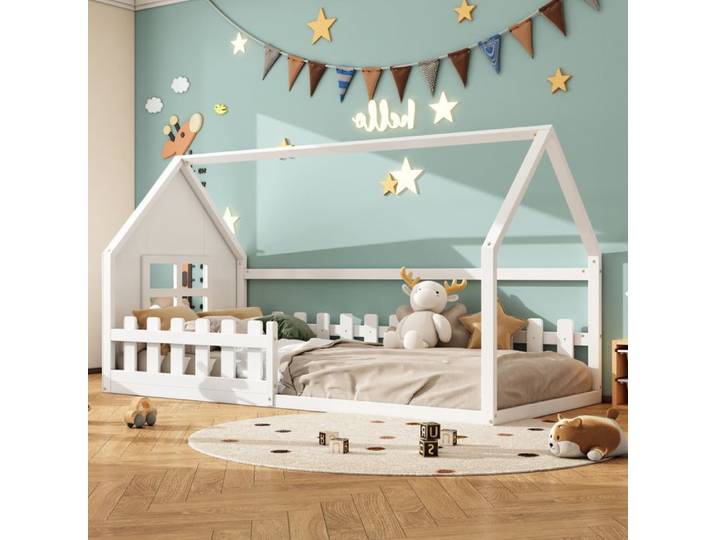 Lit enfant 90*200cm blanc structure en bois lit cabane