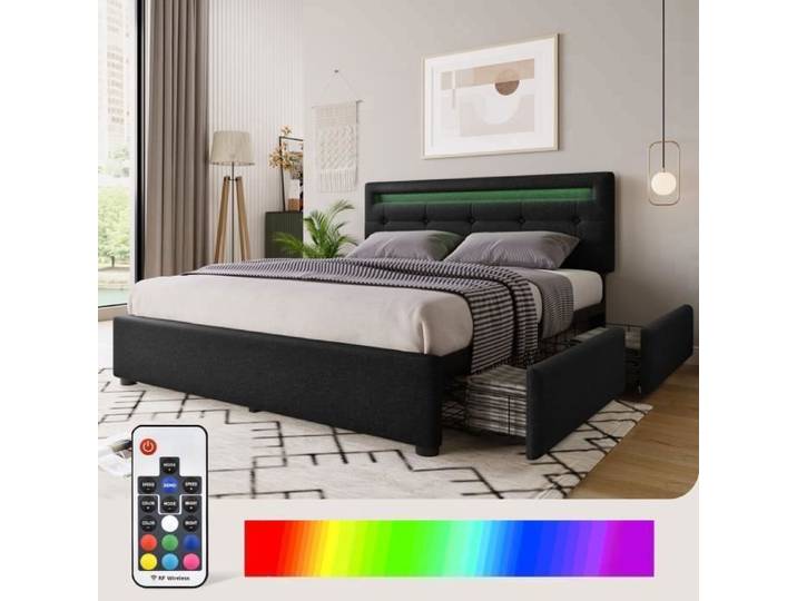 Lit avec rangement Lit 140x200 cm avec éclairage LED et 4 tiroirs Noir