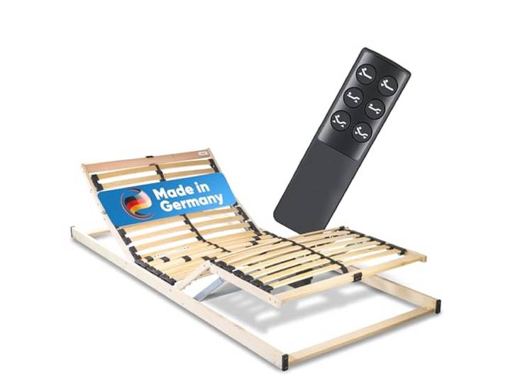 RehaSleep Lattenrost elektrisch verstellbar - Made in Germany - 100 Nächte Probeschlafen - 28 Birkenholzleisten für erholsamen Schlaf - Elektrischer Lattenrost