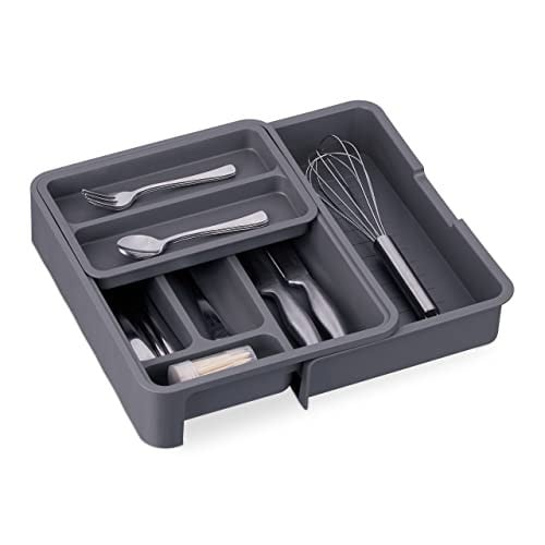 Relaxdays Bestekbak uitschuifbaar grijs met vakken, H: 6,5 cm, B: 23,5-40 cm, D: 31,5 cm