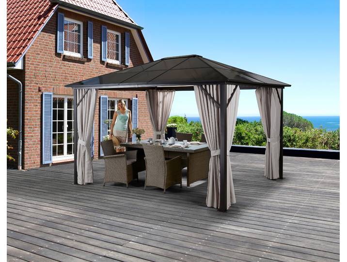 Pavillon KONIFERA Aruba , beige (dunkelbraun, beige), B/H/T: 400cm x 260cm x 300cm, Pavillons, Pavillon, Gestell aus Aluminium, Dach aus Polycarbonat-Stegplatten