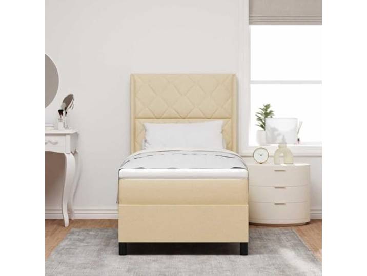KTHLBRH Einzelbett 100 x 200 cm Creme mit Matratze Verstellbares Kopfteil, Struktur aus Holz, atmungsaktiver Stoff, 2 Ebenen
