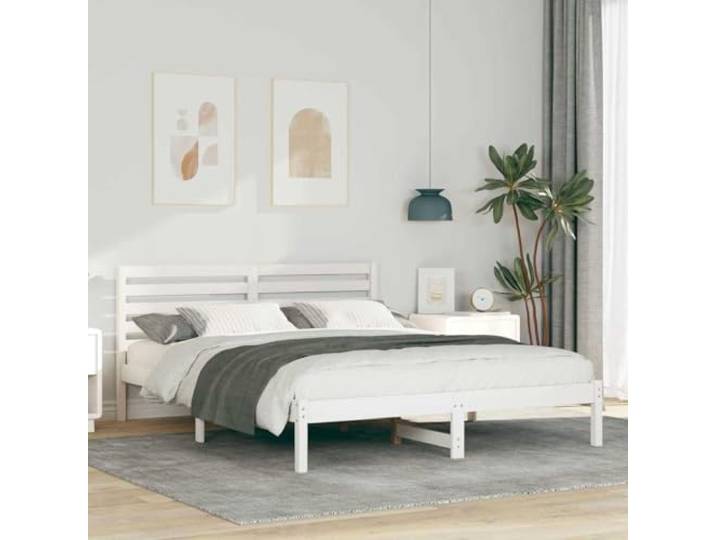 RJPLMFV Bettgestell, Kiefernholz, massiv, 160 x 200 cm, Weiß Mit Kopfteil, Lattenplattform, modernes Design, einfache Montage