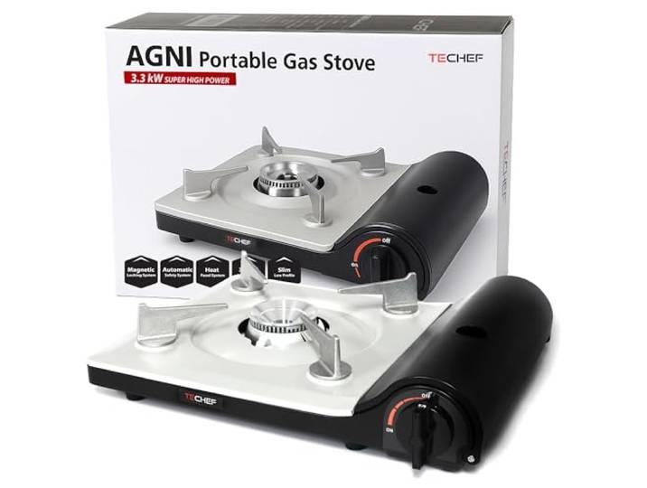 TECHEF - AGNI Portable Butane Gas Stove Burner, Made in Korea 11.500 BTU, Piezozündung, magnetisches Kanisterschloss, automatische Abschaltung, Innen- und Außenbereich, Arbeitsplatte