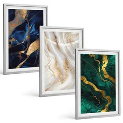 BILDER SET 3er Set - 40x60 cm Silberner Rahmen - Abstrakte blaugrüne Muster