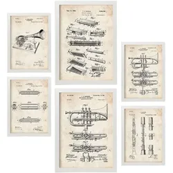POSTER Set Mit 6 Plakaten Mit Blasinstrument Patenten Im Vintage Stil A3 & A4 Weißer Rahmen