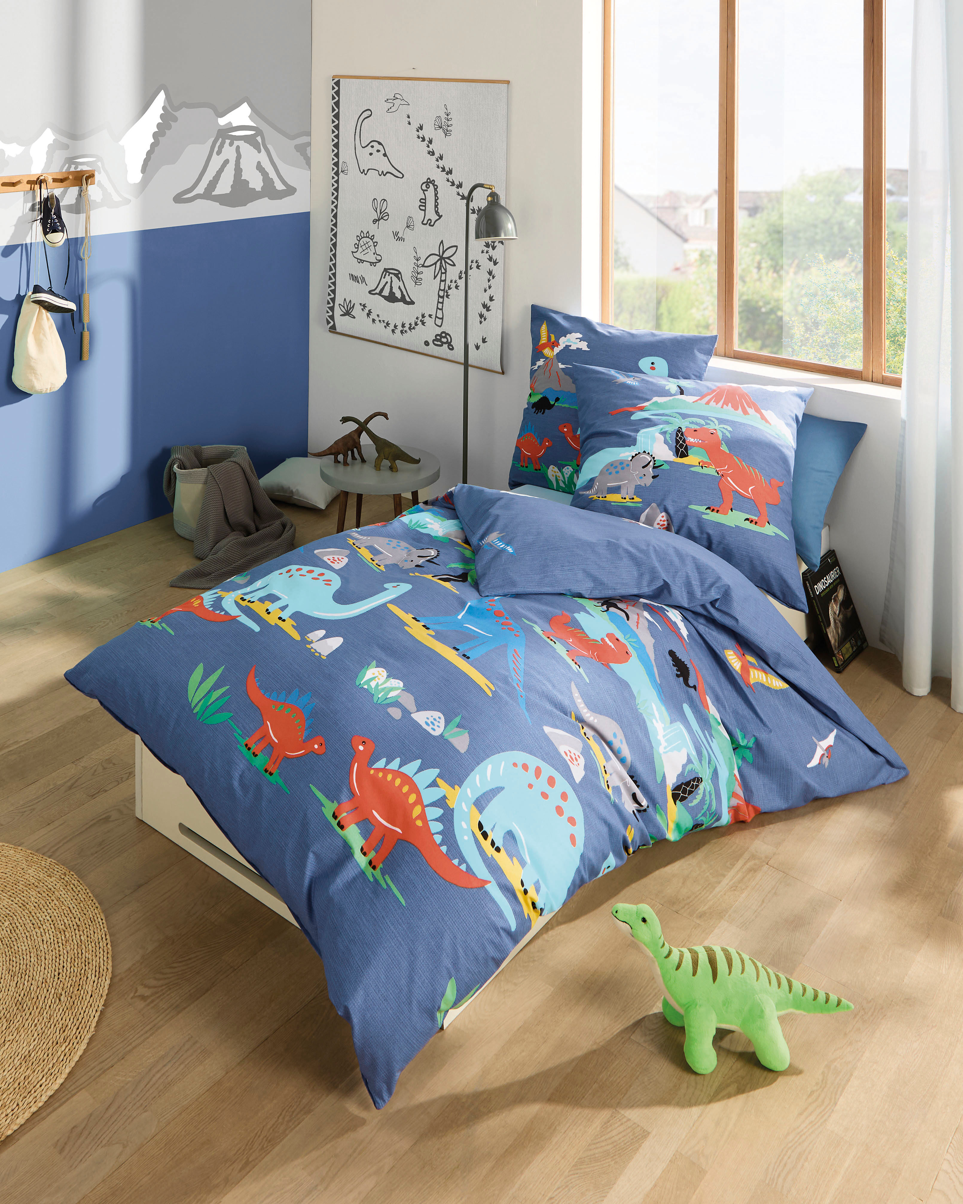 Kinderbettwäsche KAEPPEL "Dinosaurus", blau, B/L: 140cm x 200cm, 1 Stk., 1 Stk., Renforcé, B/L: 70cm x 90cm, 2 Stk., Renforcé, Obermaterial: 100% Baumwolle, Bettwäsche, Kinderbettwäsche, Mit Dinosaurier blau B/L: 140cm x 200cm, 1 Stk., 1 Stk., Renforcé, B