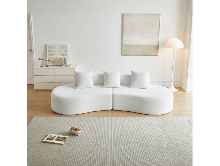 Canapé d'angle compressé 3 places courbé en tissu velours blanc modulable